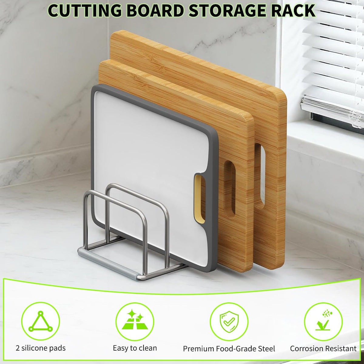 Cutting Board Holder Stand, Chopping Board Organizer Rack with 304 Stainless Steel, Cookie Sheet Storage Organizer, 1.0 & 1.2 Inch Wide Slots