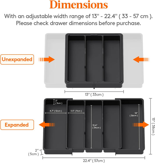 Utensil Organizer for Kitchen Drawers, Expandable Utensil Tray | Adjustable Cooking Cutlery Silverware Flatware Holder, Plastic Spatula Tools Storage Divider, 11-18 x 14", Black