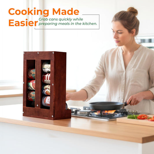 Wooden Can Organizer for Pantry, Solid Wood Canned Food Rack, Holds Standard 14.2 oz Cans, Space-Saving Kitchen Storage for Cabinets & Countertops (Brown)
