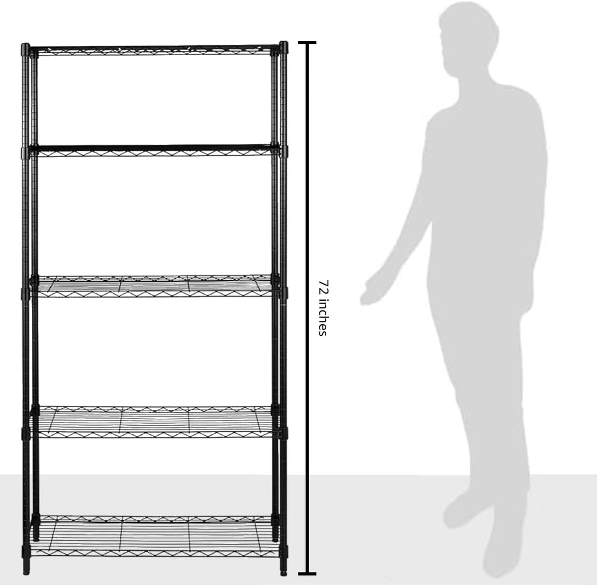 5-Shelf Adjustable Heavy Duty Steel Wire Rack, Space Saving Storage Shelving Organizer for Kitchen, Garage, No-Tool Assembly, 350 lbs Weight Capacity, 36" x 14" x 72", Chrome