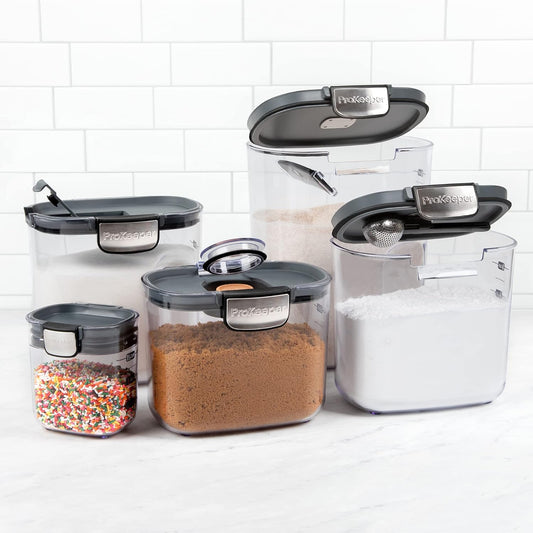 + Airtight Food Storage Container Set – Clear Plastic Flour and Sugar Canister Set with Magnetic Accessories for Kitchen Organization (Grey)