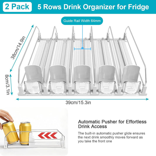 3 Pack Drink Organizer for Fridge, Self Pushing Fridge Drink Organizer | Self Pushing Soda Dispenser for Refrigerator, Automatic Drink Dispenser for Fridge, Holds up to 75 Cans (15 Rows)