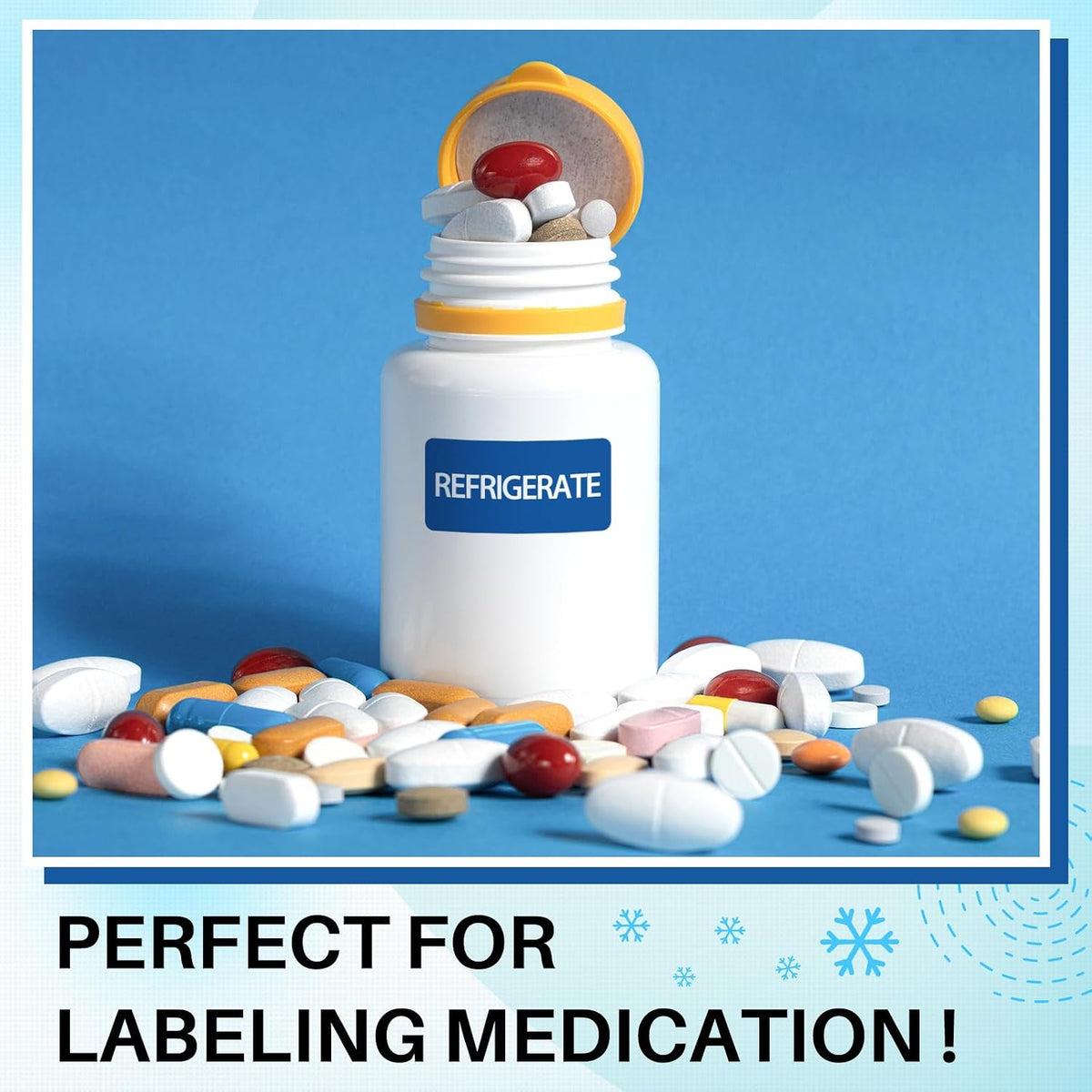 500 Pcs Keep Refrigerated Stickers 0.39" x 1.57" Pharmacy Sticker Medical Label Veterinary Auxiliary Sign Waterproof Freeze for Medicine Pill Syringe Food Candy Meat Mailing(Blue Snowflake)