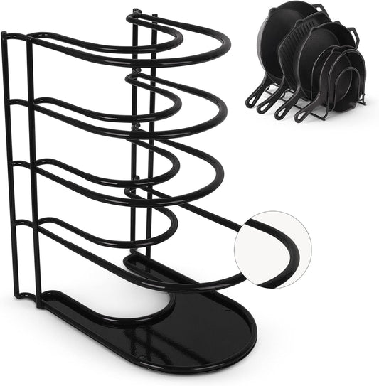 Pan Organizer for Cast Iron Skillets, Griddles, 5-Tier Rack, Black 12.2"