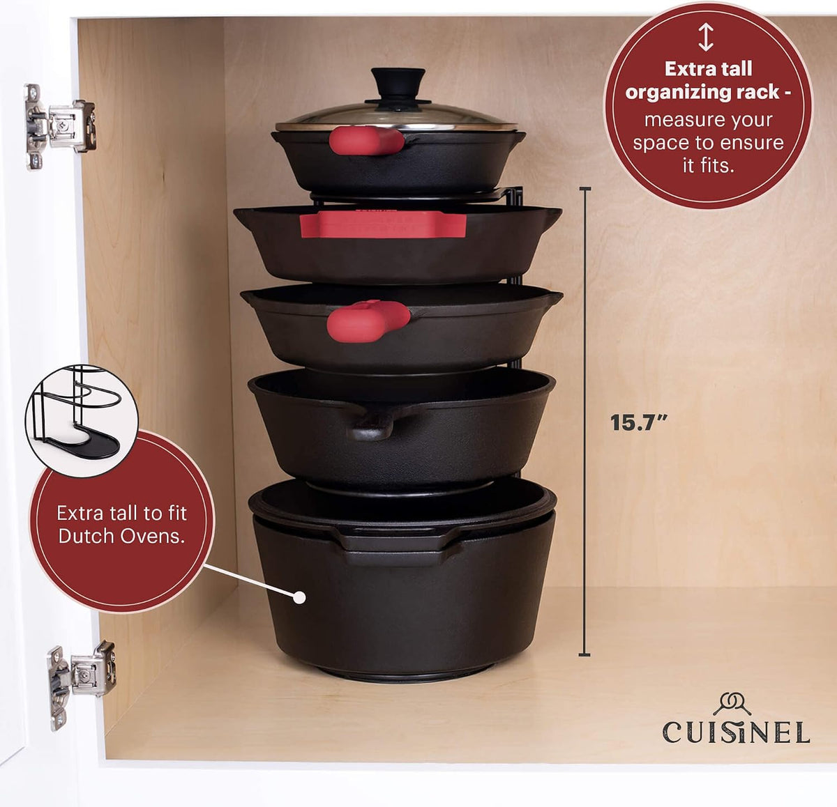 Pan Organizer for Cast Iron Skillets, Griddles, 5-Tier Rack, Black 12.2"
