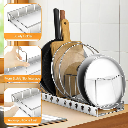 Pan Organizer - Adjustable Lid Organizer for Kitchen, Heavy Duty Pot Lid Organizer, Under Sink, Drawer, Pantry Storage