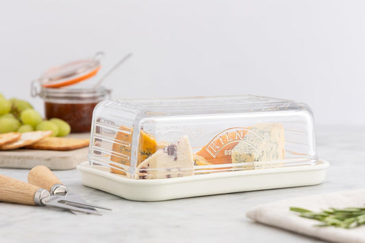 Cheese Store Airtight Cheese Storage, Removable Silicone Seal for Breathable Storage, Ceramic Serving Base, Dishwasher Safe Glass Lid, 8.5cm x