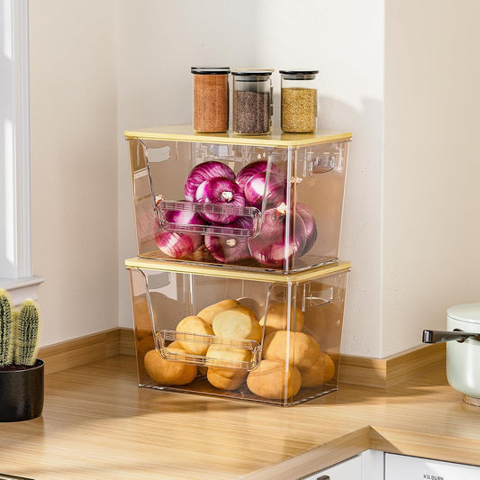 2 Set Pantry Organizers and Storage, Trash Bag Holder Under Sink Organizer for 4-13 Gal Bags, Trash Bag Dispenser with Bamboo Top for Onion, Potato, Garlic, Clear (11-7/32"L*7" W*7-1/8"H)