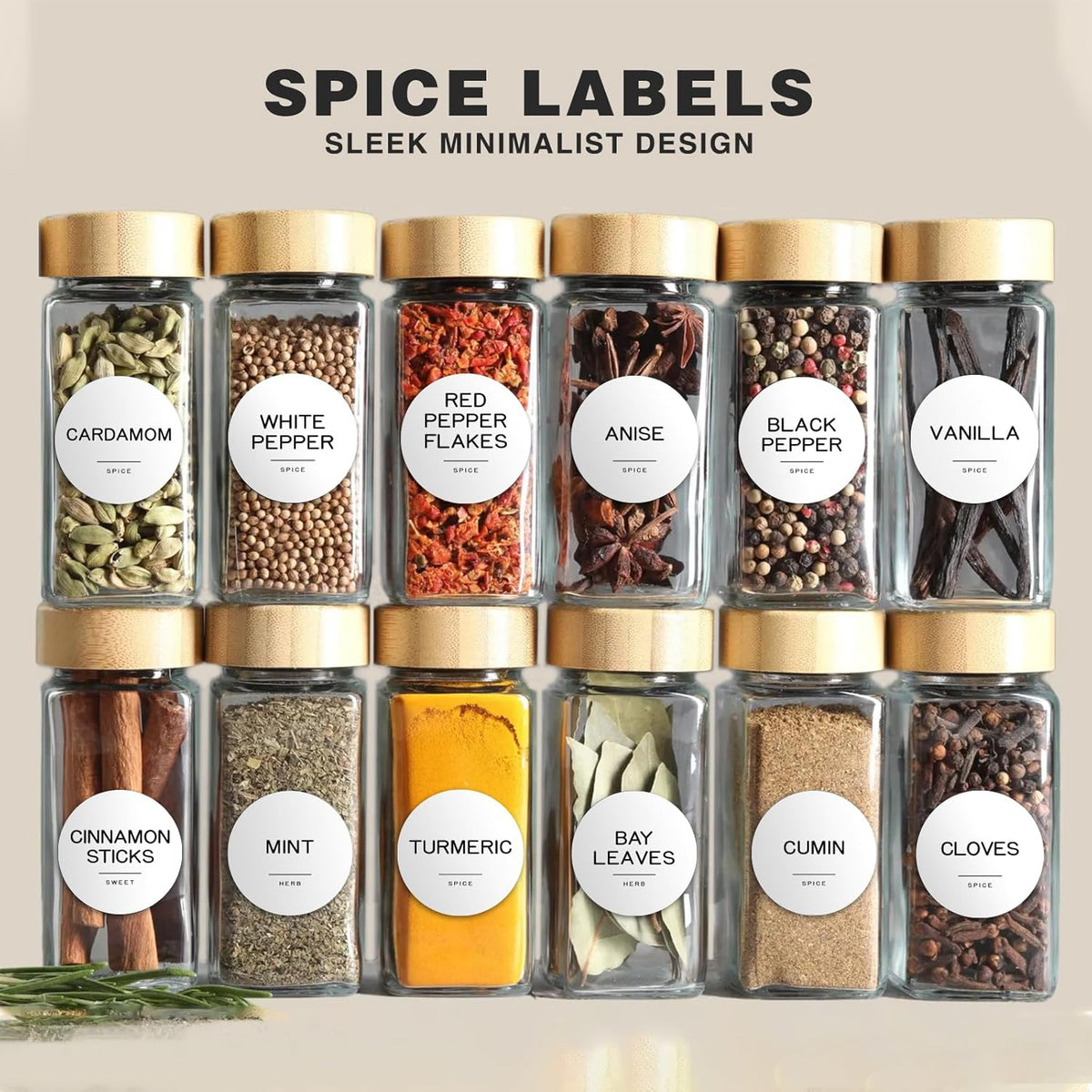 245 Spice Jar Labels - Round Preprinted Minimalist Waterproof Stickers for Kitchen Jars, Herb & Seasoning Labels for Pantry Organization (Black)