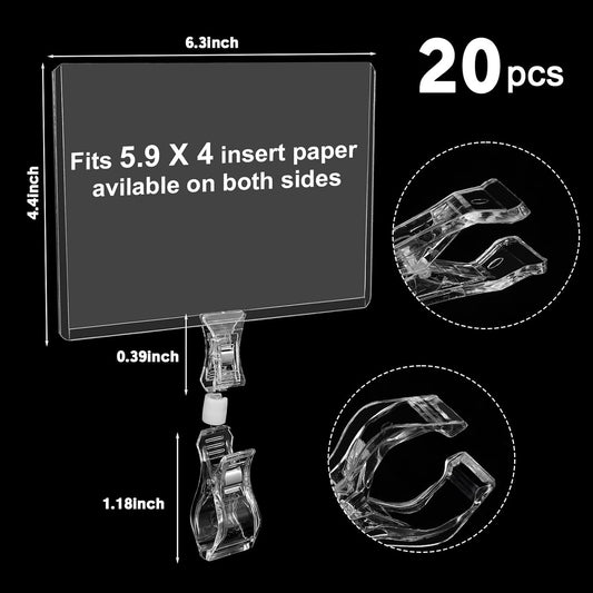 20 Pieces Sign Clips Rotating Price Tag Clip Swivel Sign Holder for Handrails or Tubes with 20 Pieces Hard Card Sleeves PVC Card Protector for Shelves Store Supermarket(Thumb Clip Style)