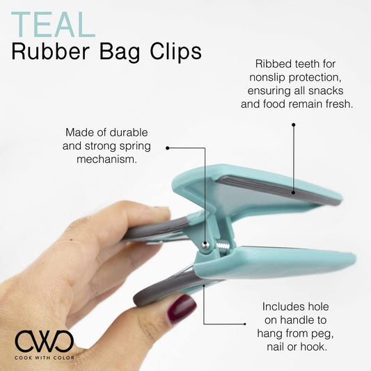 Food Clips - Wide Heavy Duty Chip Clips, Large Bag Clips for Food Storage with Air Tight Seal Grip, Pack of 4, Teal
