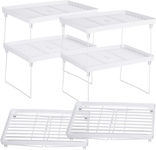 6 PCS Cabinet Storage Shelf Rack, Foldable Cabinet Organizer Shelf, White Stackable Plastic Kitchen Storage shelves Foldable Rack for Kitchen, Fridge, Bathroom