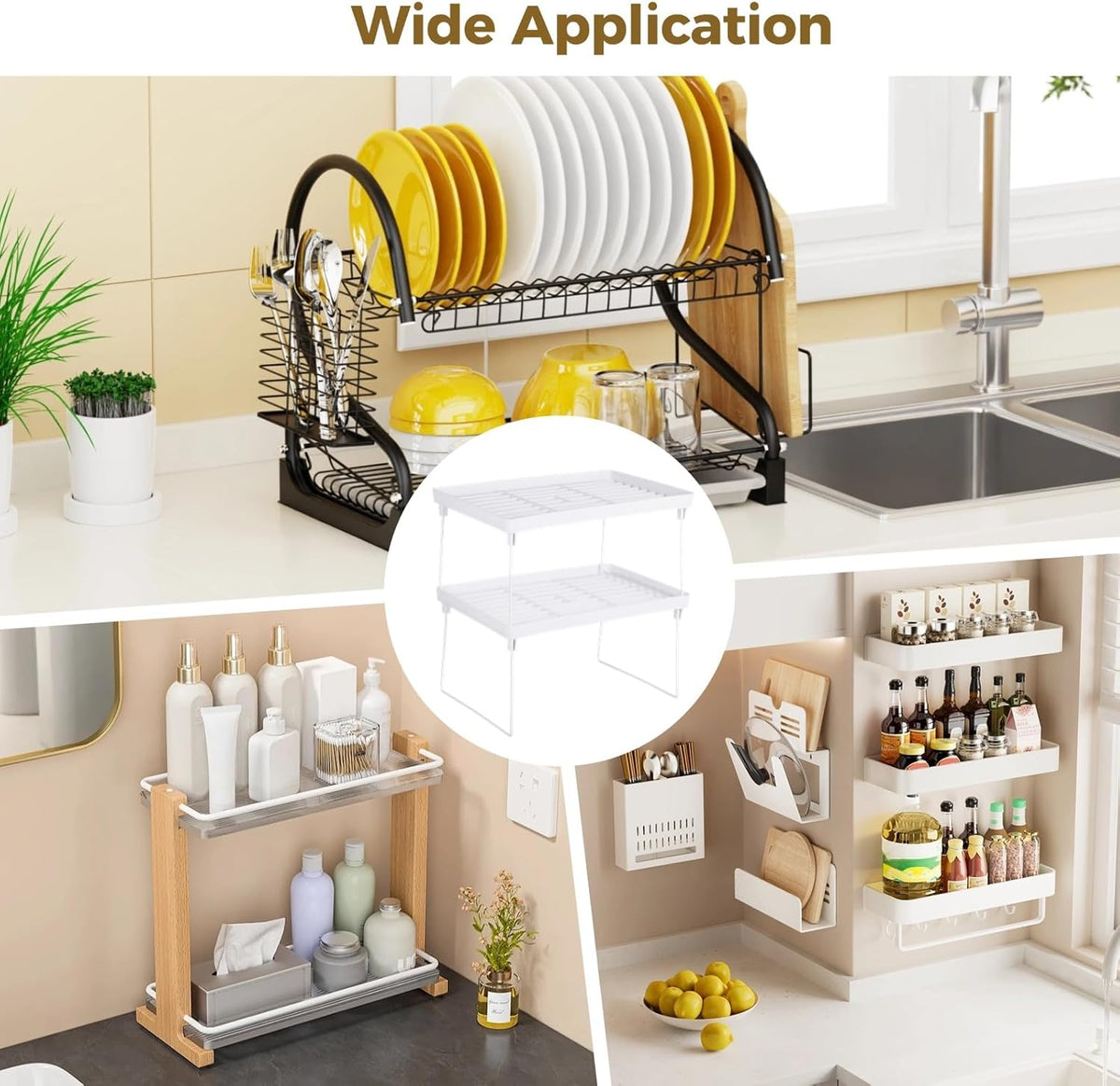 6 PCS Cabinet Storage Shelf Rack, Foldable Cabinet Organizer Shelf, White Stackable Plastic Kitchen Storage shelves Foldable Rack for Kitchen, Fridge, Bathroom