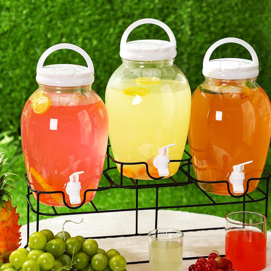 3pcs 1.2 Gal Plastic Drink Dispenser with Spigot Metal Stand, White