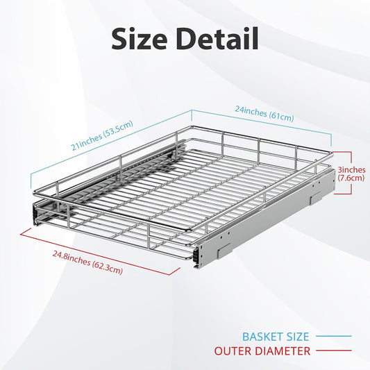 Pull Out Cabinet Organizer, Versatile Slide Out Kitchen Organizers and Storage,Heavy Duty Drawer Cupboard Storage Basket, Smooth Sliding, Chrome Finish (24.8 * 21inch)
