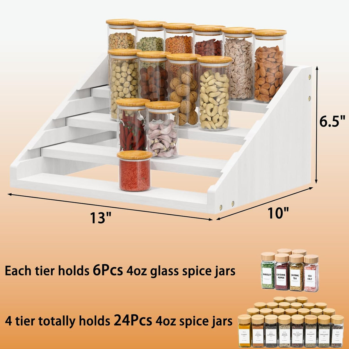 Solid Wood Spice Rack Organizer for Countertop & Cabinet, 4 Tier Adjustable Wooden Spice Shelf with Sliding Track, Premium Step Seasoning Bottle Holder for Kitchen, Pantry & Office, Walnut Brown