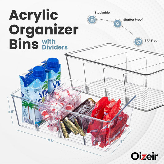 Clear Pantry Organizer Bins - Fridge Organizer with 3 Removable Dividers, Ideal for Kitchen, Pantry, Refrigerator, Freezer, and Snack Storage