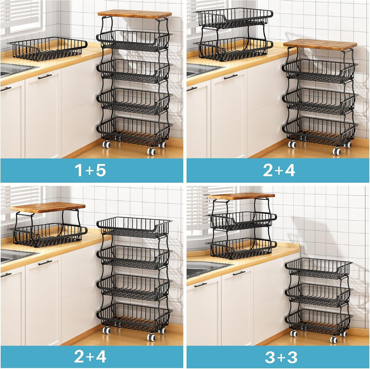 4 Tier Vegetable Fruit Basket for Kitchen, Stackable Metal Fruit and Vegetable Storage Baskets with Rolling Wheels Cart, Fruteros Para Cocina Potato and Onion Bin Pantry Kitchen Island Cart Counter