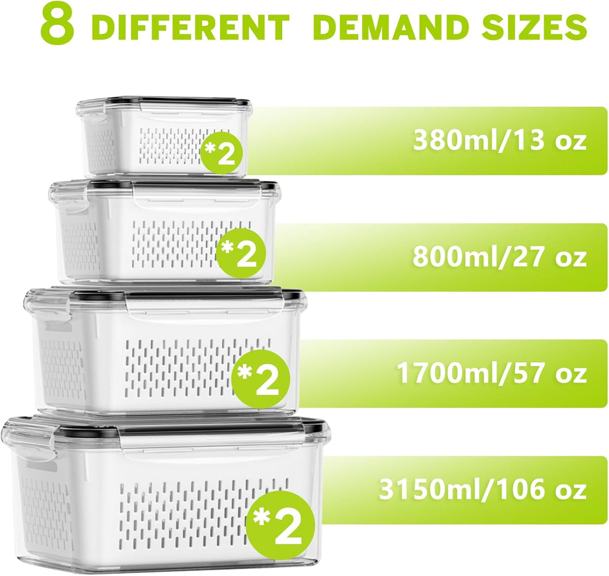 Fruit Storage Containers for Fridge, Plastic Fruit Containers Set | with Removable Colanders, Leakproof Fridge Organizers and Storage for Berry Vegetables Salad Lettuce Meat, Dishwasher Safe