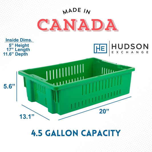 20 x 13 x 5.6" (4 Pack, 4.5 Gallon) Agricultural Nest and Stack Vented Crate Handled Storage Container Tote, Green