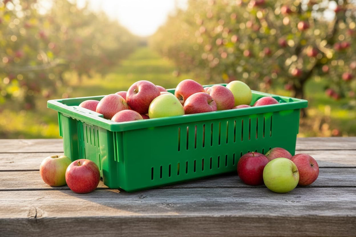 20 x 13 x 5.6" (4 Pack, 4.5 Gallon) Agricultural Nest and Stack Vented Crate Handled Storage Container Tote, Green