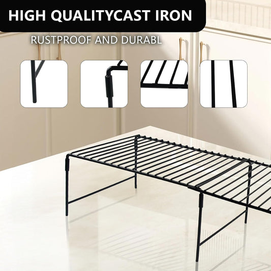 Refrigerator Organizer Freezer Organizer, Expandable Adjustable Kitchen Cabinet Rack for Pantry, Cupboard, Countertop - Space Saving Shelf (Black)