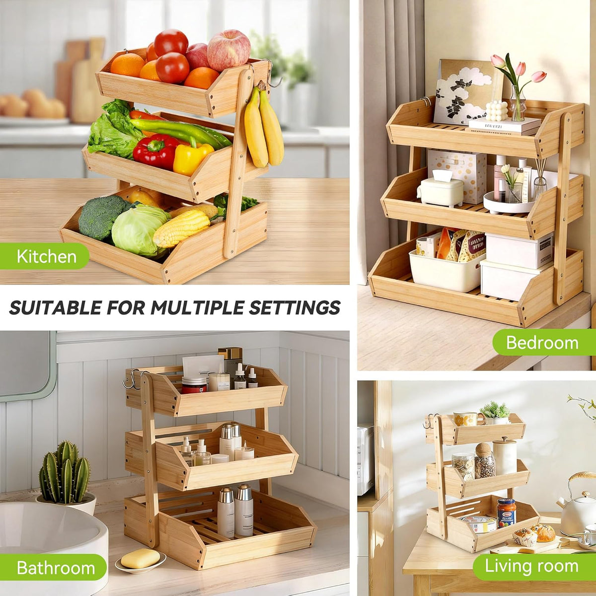 3 Tier Bamboo Fruit Basket with 2 Banana Hangers for Kitchen Counter