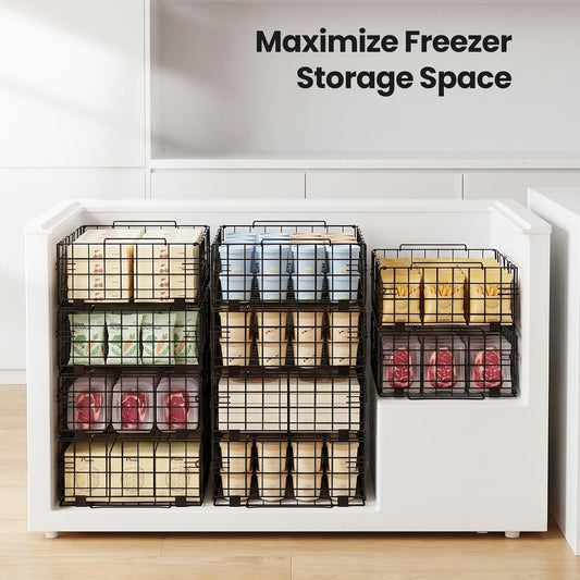 Reinforced Freezer Organizer Bins, Heavy Duty Metal Freezer Baskets, Stackable Deep Freezer Storage with Handles, Maximize Chest Freezer Space, No Assembly Required