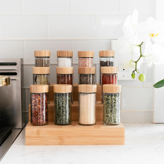 Glass Spice Jars with Label, 24PK Bamboo Jar Spices Set 4oz, 374 Spice Labels, Pepper Grinder, Empty Herb Seasoning Containers, Funnel and Shaker Lids