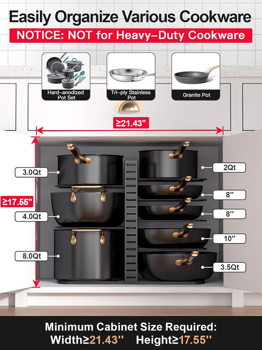 8-Tier Lightweight Pots and Pans Organizer under Cabinet, 14.55" H | 3 DIY Methods, Adjustable pot rack, Fits 6"-11" pots and pans, Pot lid organizer inside cabinet, Kitchen storage