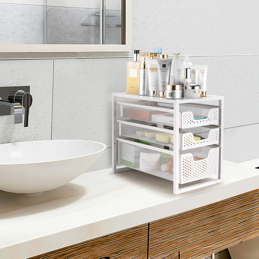 3-Tier Under Sink Cabinet Organizer with Sliding Storage Drawer, Desktop Organizer for Kitchen Bathroom Office, Stackbale,White
