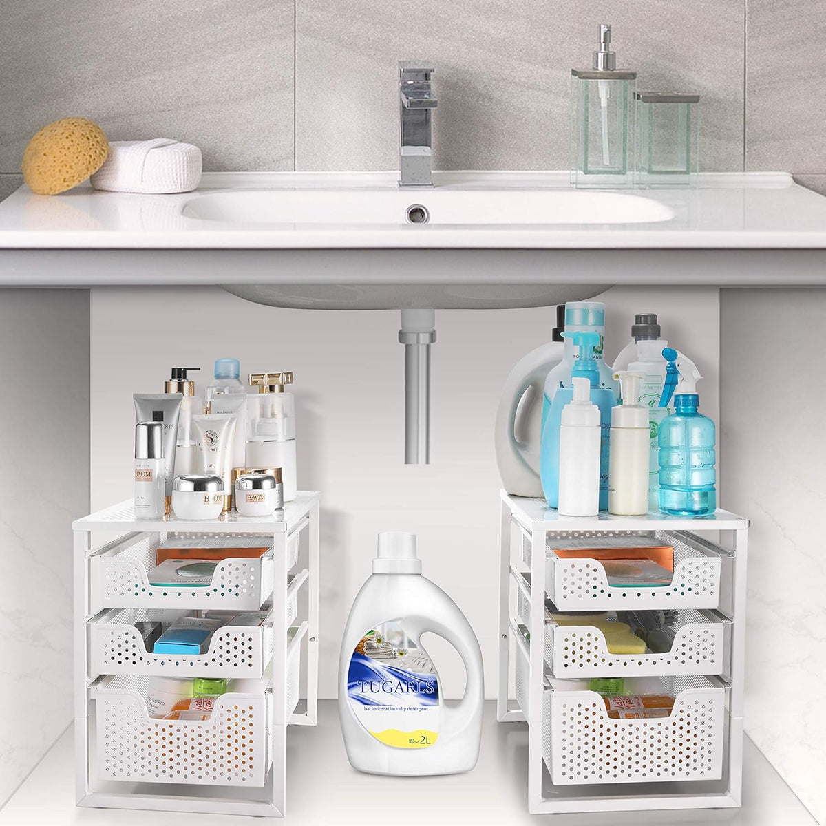 3-Tier Under Sink Cabinet Organizer with Sliding Storage Drawer, Desktop Organizer for Kitchen Bathroom Office, Stackbale,White