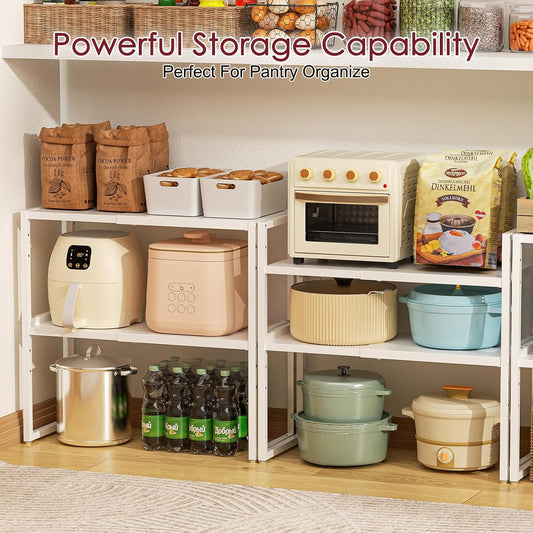 Expandable Kitchen Storage Shelves,110LBS Heavy Duty Metal Shelving Units and Storage For Small Appliance, Adjustable Stackble Storage Shelf Organizer For Kitchen Cabinet Pantry Warehouse Garage,White