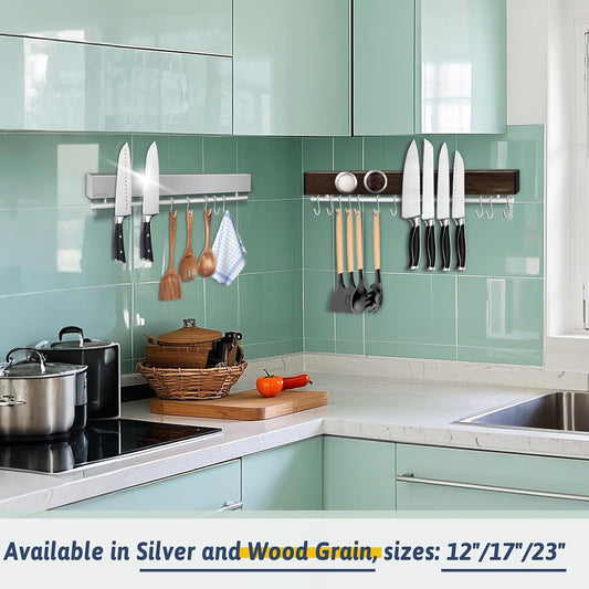 12 Inch Magnetic Knife Holder for Wall - Stainless Steel Magnet Knife Strip No Drill with 5 Hooks/Adhesive Tape/Screws, Kitchen Utensil Holder, Magnetic Knife Organizer, Wall Mounted Knife Storage