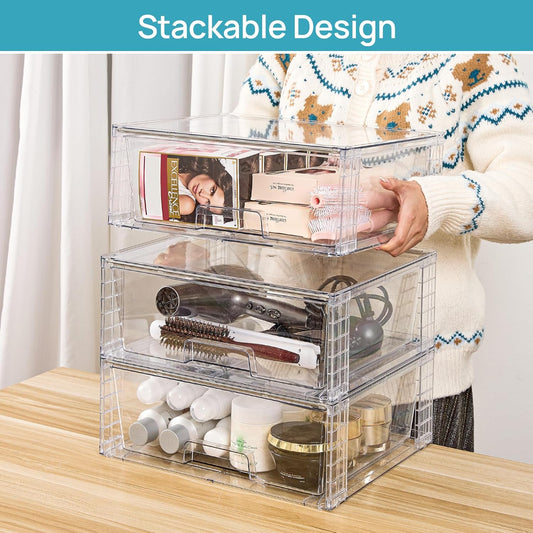 2 Pack Large Stackable Storage Drawers,Easily Assemble Clear Acrylic Bathroom Closet Undersink Organizers,Plastic Storage Bins for Cabinet,Kitchen Pantry,Medicine Organization