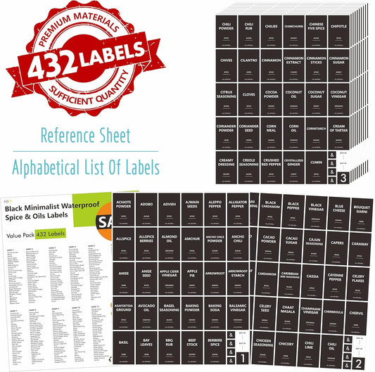432 Removable Spice Labels, 396 Pre-Printed Herb Seed Seasoning Sauce Oil Vinegar Stickers, 36 Blank Ones, Waterproof Oil&Tear Resistant, No Residue for Kitchen Pantry Containers Jars(White on Black)