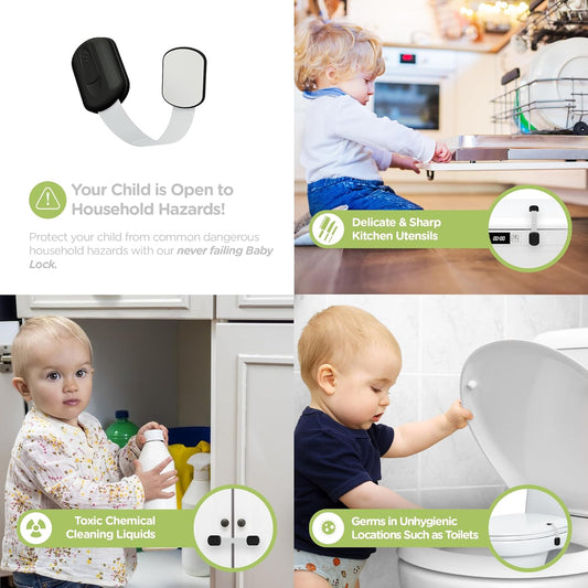 Child Safety Cabinet Locks, White, 8 Pack | ABS and TPE adhesive latches for cabinets, drawers, ovens and toilet seats; no screws or magnets needed