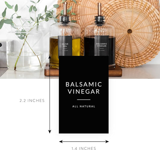 Black Oil Bottle Labels, 54 Preprinted Pantry Stickers for Oils and Vinegar Dispenser Glass Bottles, Condiment Jars, Waterproof Removable, Kitchen Organization