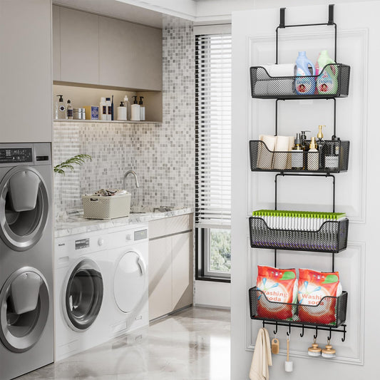 Over The Door Organizer - Hanging Door Organizer with 4 Metal Large Capacity Baskets and Adjustable Coat Hook for Bathroom Bedroom Kitchen Pantry Closet Cabinet