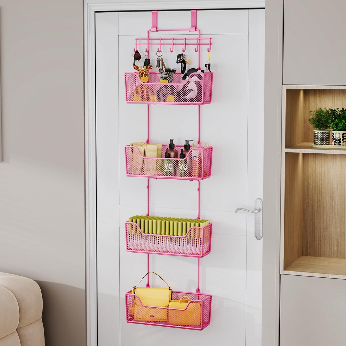 Over The Door Organizer - Hanging Door Organizer with 4 Metal Large Capacity Baskets and Adjustable Coat Hook for Bathroom Bedroom Kitchen Pantry Closet Cabinet