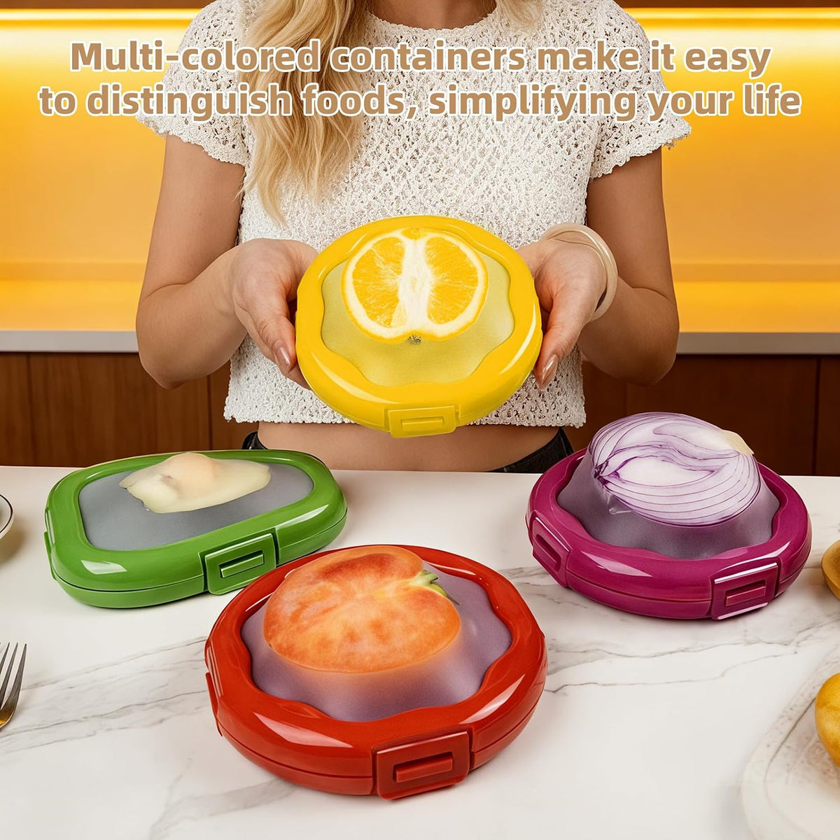 Avocado Saver and Onion Holder-4Pcs Fruit Fresh Storage Containers | Reusable Silicone, Refrigerator Use, For Fruits & Vegetable Containers, Fits Apples, Lemons, Potatoes, Oranges,Tomatoes