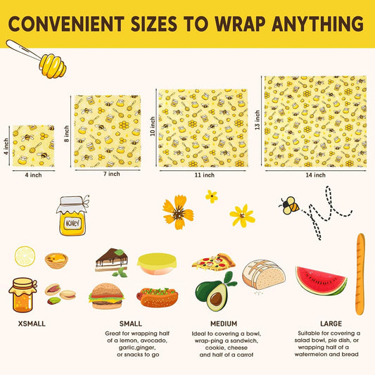 Reusable Beeswax Food Wraps, 9 Pack - Assorted Sizes (XS,S, M, L) | Organic Cotton, Eco Friendly, Plastic Free | Honeycomb Design