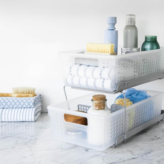 2 Tier Bath Organizer, Undersink Storage with Sliding Drawers, for Cleaning Supplies, Pantry, Sponges, Bottles & Kitchen Essentials, Adjustable Dividers & Pull Out Sliding Baskets, Frost