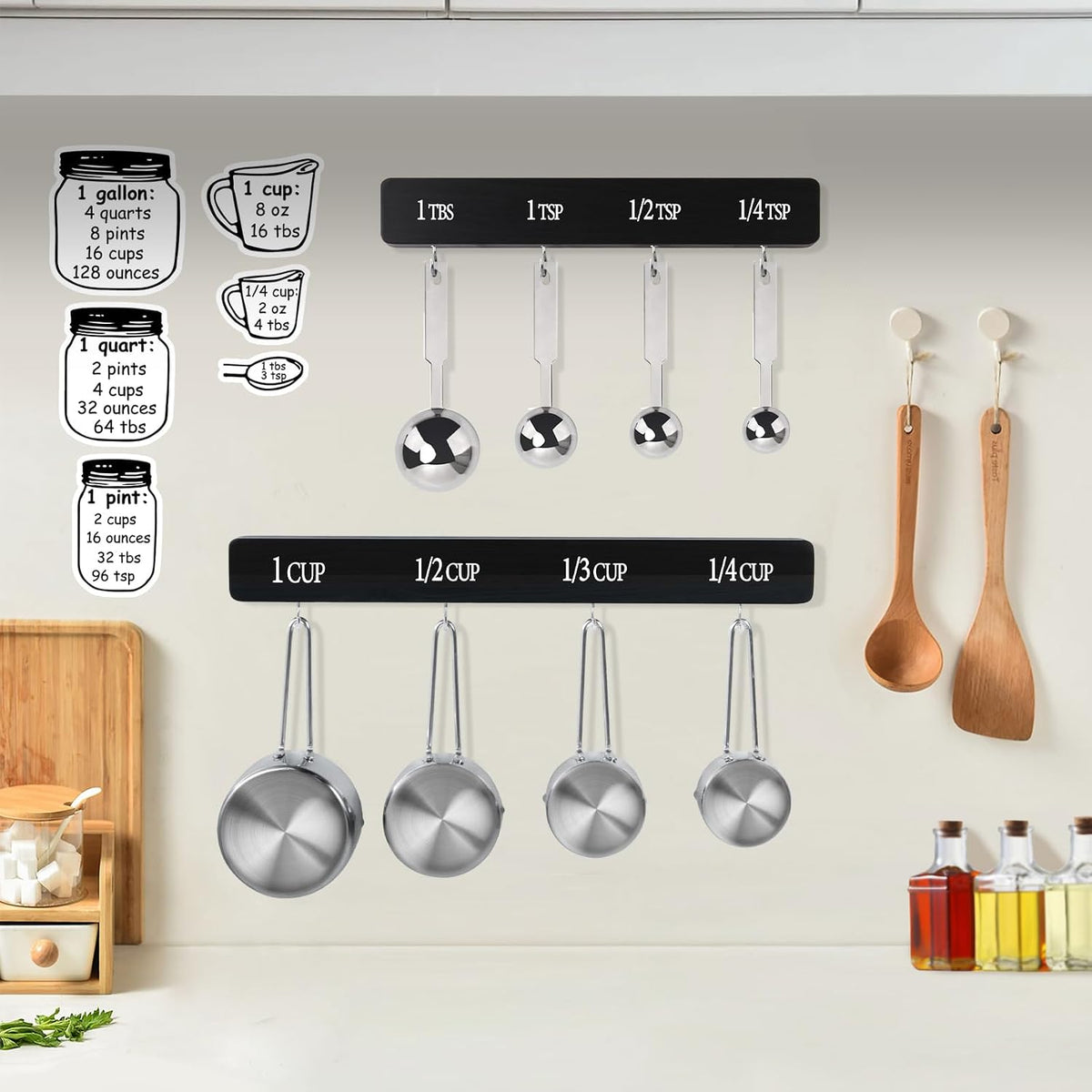 Gymvcsi Measuring Cups and Spoons Set, with Farmhouse Wood Hanging Rack Holder Organizer, Kitchen Gadget for Baking, Stainless Steel Measuring Cups and Spoons with Kitchen Measurement Conversion Chart