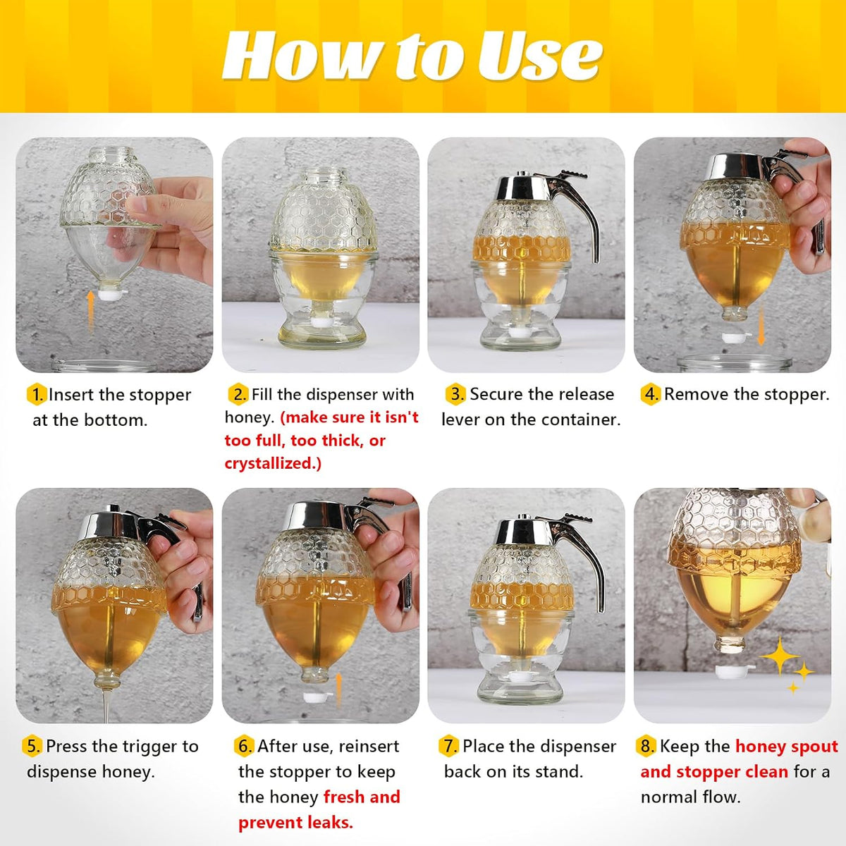 Honey Dispenser No Drip, Glass Honey Container with Stand, 8 oz