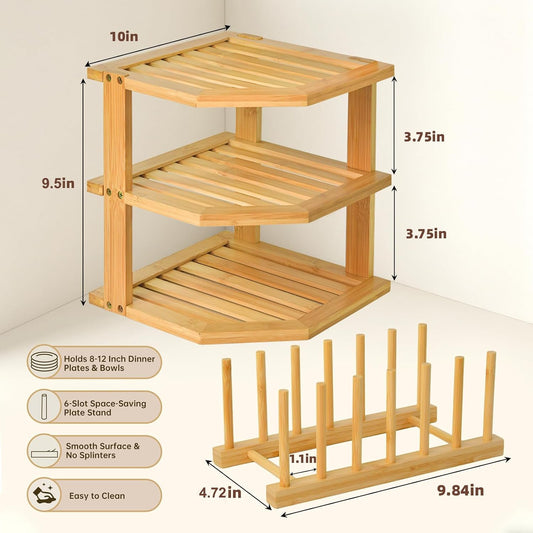 Bamboo Plate Organizer for Cabinet Set,3 Tier Corner Shelf & Plate Holder