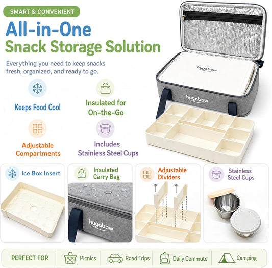 Chilled Snackle Box with Ice Pack & Insulated Bag, Adjustable Compartments, Dishwasher Safe, Deeper Tray, Sturdy Leak-Resistant Lid, Portable Charcuterie Board, for Beach, Picnics, Road Trips