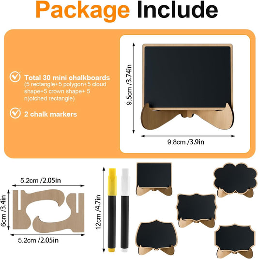 Mini Chalkboard Signs for Food Labels- 30 Pack Small Wooden Framed Blackboard for Wedding Table, 5 Assorted Shapes for Party Buffet Decor, Food Place Cards or Dessert Table Display Set