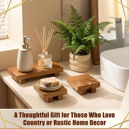 3 Pcs Wooden Risers for Display Wood Pedestal Stand, Brown