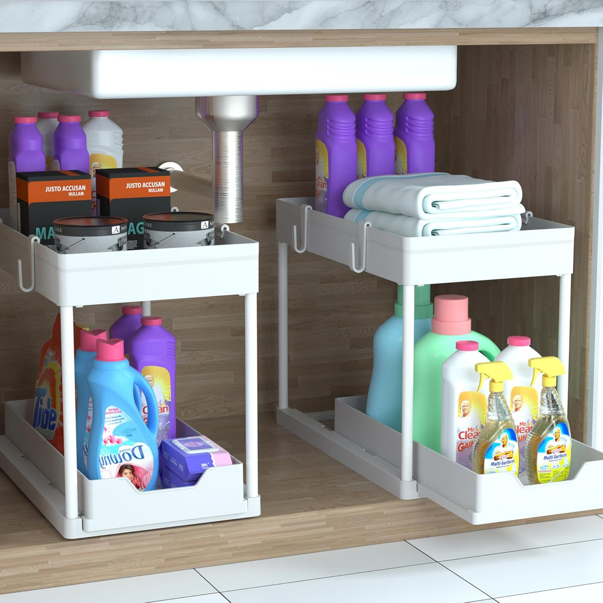 Under Sink Organizer 2 Pack, Bathroom Cabinet Organizer, 2 Tier Sliding Cabinet Basket Organizer Drawer, Multi-Purpose Bath Collection Baskets for Bathroom (Black)